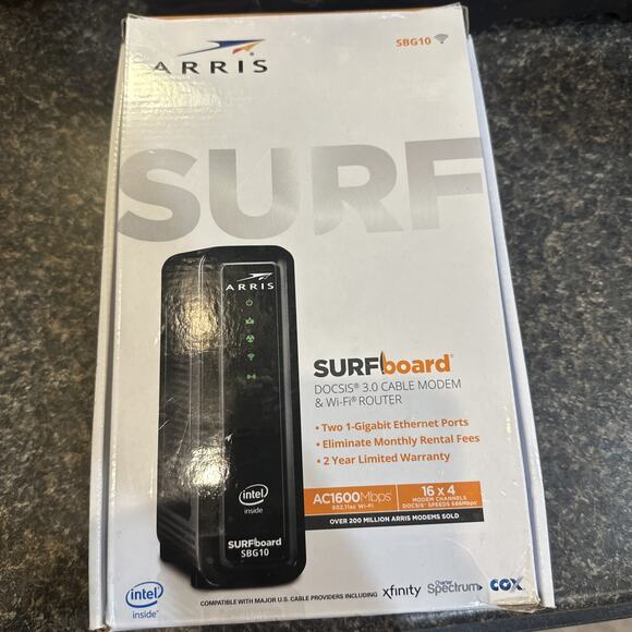ARRIS SURFboard SBG10, DOCSIS 3.0 16 x 4 Gigabit Cable Modem & AC1600 - Picture 1 of 7